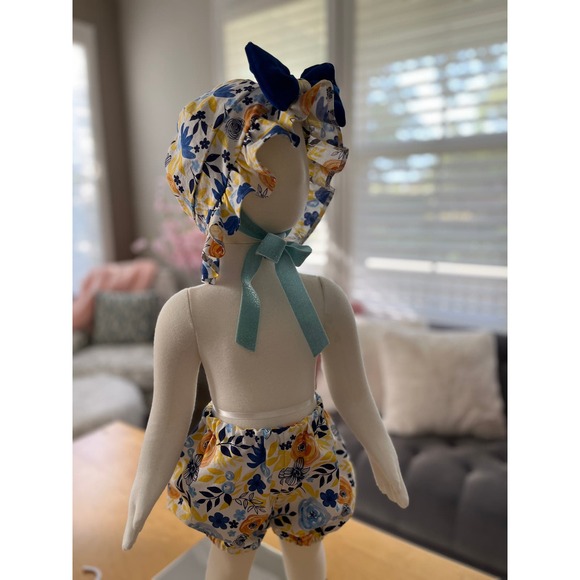 Handmade Toddler Dress Set Blue Velvet Bonnet 12-18 months Velvet Bows - Picture 2 of 10